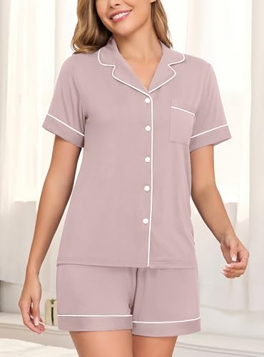 Image of Veseacky Womens Pajamas Set Short Sleeve Sleepwear Button Down Pjs Comfy 2 Pieces Soft Lounge Set S-XXL