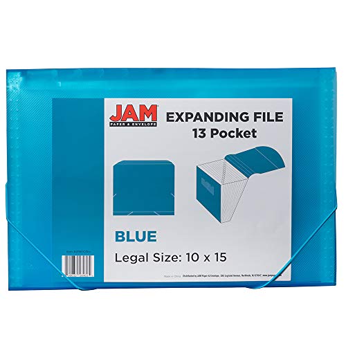 Jam Paper Accordion Folders - 13 Pocket Plastic Expanding File - Legal Size - 10 X 15 - Blue - Sold Individually #TOP2