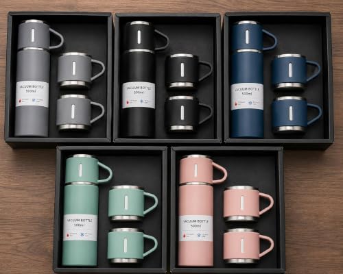 Image of Steel Vacuum Flask Set 500ml with 3 Stainless Steel Cups - Hot & Cold Insulated Thermos Bottle Combo (Multicolour)