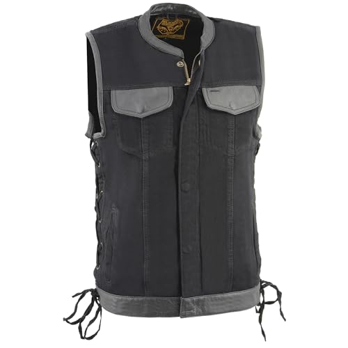 Men's Black 'Hidden Zipper' Side Lace Motorcycle Rider Denim Vest w/Leather Trim MDM3011 (US, Alpha, Large, Regular, Regular, Black)