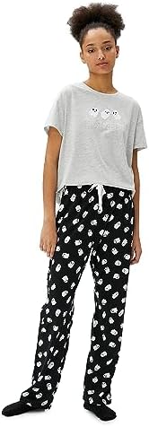 Koton Bisiklet Yaka Kısa Kollu Normal Bel Beli Bağlamalı Baskılı Pijama Takımı, Kadın, Siyah, XL - Görsel 1