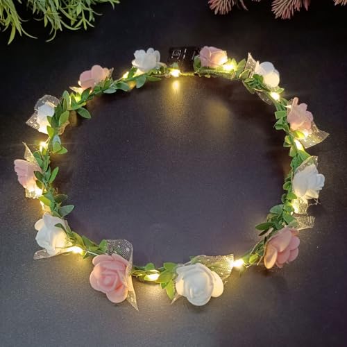 LED Haarreif Blumenkranz Haare LED Festival Kopfschmuck Geschenke für Alle AnläSse Leuchtender Haarreif Halloween Party Kopfschmuck für Damen(Rosa)