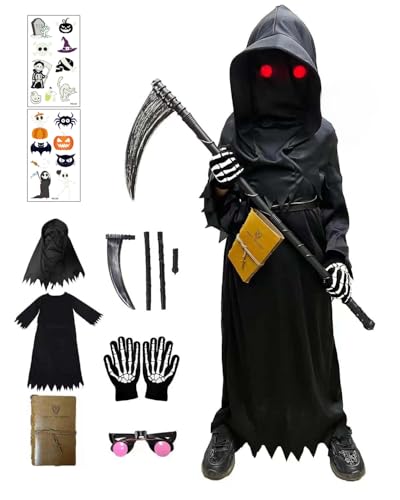 Akosuntoys Scary Halloween Costumes for Kids, Grim Reaper Costume Kids with Glowing Red Eyes/Scythe/Notebook/Gloves, Halloween Costume Grim Reaper Fancy Dress