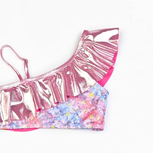 Image of CHILDRENSTAR Girls Metallic Bathing Suits Shiny Ruffles One Shoulder 2 Pieces Swimsuits Cute Bikini Set