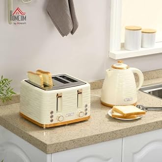 HOMCOM Kettle and Toaster Sets, 3000W 1.7L Rapid Boil Kettle & 4 Slice Toaster with 7 Browning Controls, Defrost, Reheat and Crumb Tray, UK Otter Thermostat, Beige