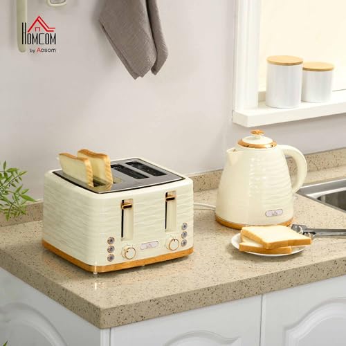 HOMCOM Kettle and Toaster Sets, 3000W 1.7L Rapid Boil Kettle & 4 Slice Toaster with 7 Browning Controls, Defrost, Reheat and Crumb Tray, UK Otter Thermostat, Beige