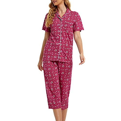 Image of Tugege Capri Pajamas Set Womens Button Down Short Sleeve Lounge Sets Sleepwear Notch Collar Top & Capri 2 Piece PJ Sets