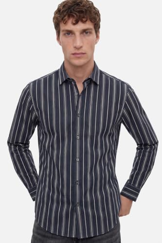 Image of SNITCH Men Formal Shirt | Slim Fit Long Sleeve Spread Collar Vertical Striped Design | Premium Cotton Blend & Breathable Fabric for Office Wear & Business Casual Use