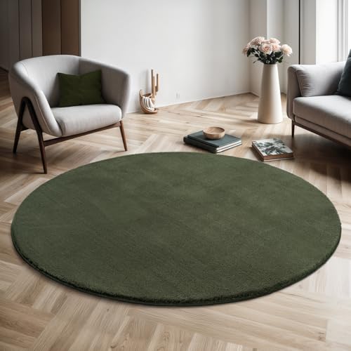 the carpet Relax Rug Modern Fluffy Short Pile Non-Slip Underside Washable up to 30C Super-Soft Fur Look Dark Green 120 cm Round