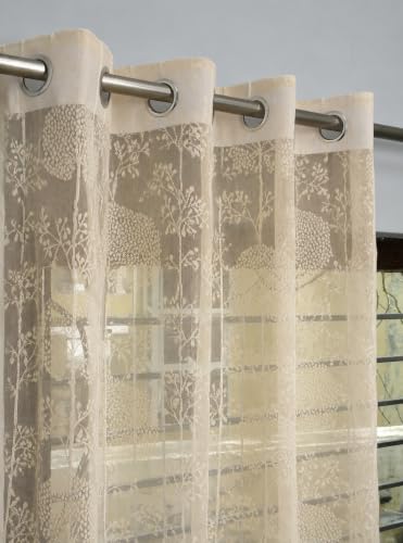 Image of Fabrilia Tree Pattern Net Sheer Curtains for Window 5 feet | Premium Transparent Curtain with Elegant All-Over Tree Design | Cream | Pack of 2