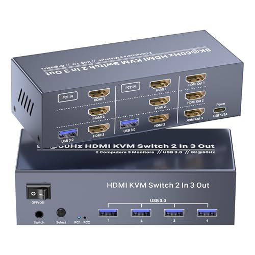 Commutateur KVM HDMI 8K 3 moniteurs pour gérer 2 PC avec 4 ports USB 3.0