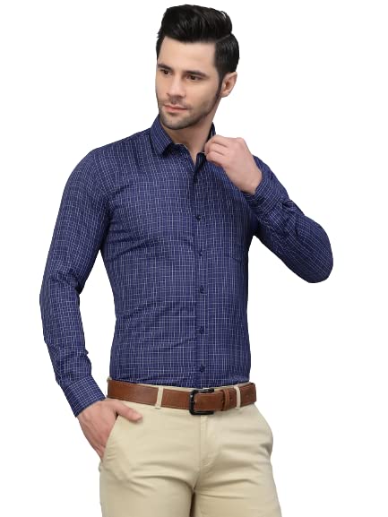 Image of Style Quotient Men Blue Tattersall Checked Polycotton Slim Fit Formal Shirt