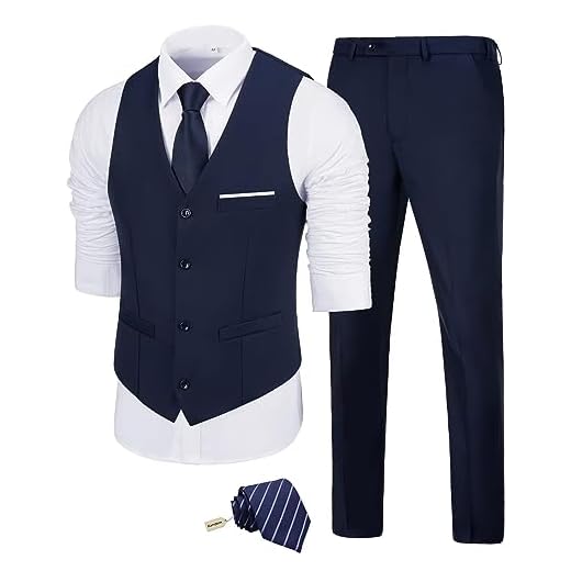 Fesenbo Terno masculino slim fit 2 peças conjunto de ternos noivos smoking negócios casamento baile festa terno colete e calça, Azul marino, X-Large