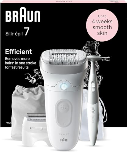 Braun Silk-épil 7, Epilierer Damen, Haarentferner für Langanhaltende Haarentfernung, Ladyshaver, Wasserdicht — Inkl. Bikinitrimmer (Haartrimmer Intimbereich), Made in Germany — 7-241, Weiß/Silber 1
