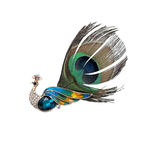 Image of Rhinestone Peacock Feather Brooch for Women Girls Gold Plated Fashion Artificial Blue Green Bird Animal Brooches Lapel Pins Hat Bag Suit Dress Accessories Wedding Anniversary Jewelry Gift
