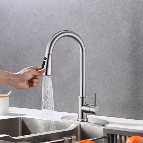 Image of Kitchen Faucet with Pull Down Sprayer Multitask Mode Single Handle High Arc Pull Out Kitchen Sink Faucet Offers Efficient Cleaning for RV (Silver)