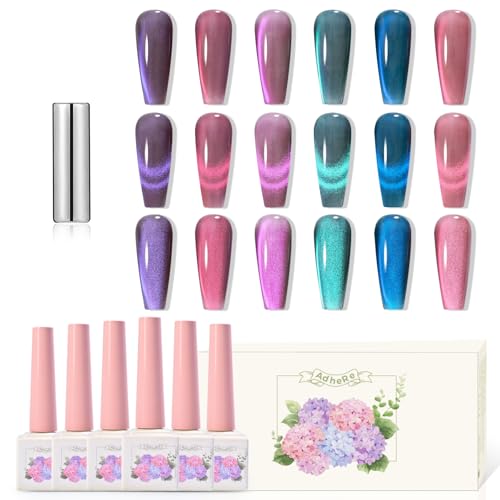 Esmaltes de Uñas Ojo de Gato ADHERE Kit de 6 Geles UV con Lápiz Magnético 12ml