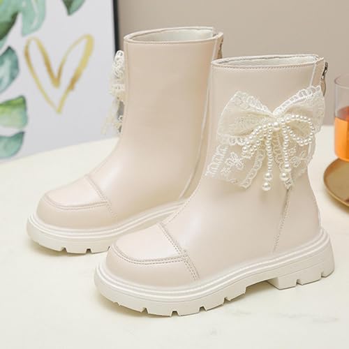 Girl's Cute Bow Leather Zipper Mid Calf Combat Boots Solid Color Riding Boots Fall Winter Fashion Shoes3