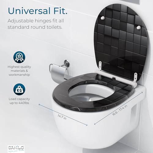 Image of Sanilo Wooden Toilet Seat with Quick Release & Soft Close [ROUND] - Decorative & Slow Close Molded Wood Seat - With One Click for Easy Installation & Cleaning - With Adjustable Fit (Cube)