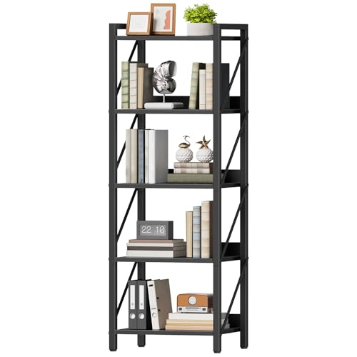 Image of HOOBRO Bookshelf, 5-Tier Industrial Bookcase, Book Shelf Storage Organizer, Tall Bookshelf with Metal Frame for Living Room, Bedroom, Home Office, Kitchen, Black BB73SJ01