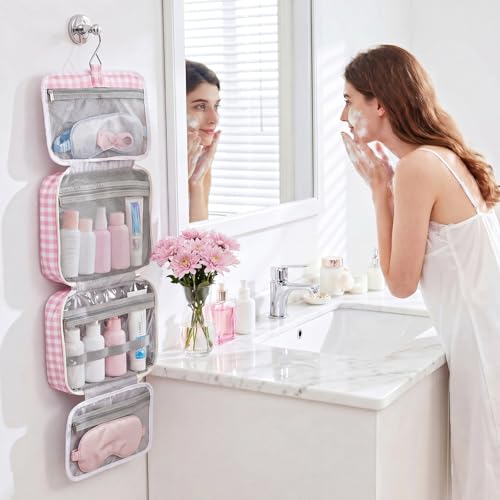 Image of Hanging Toiletry Bag for Women,Gingham,Pink