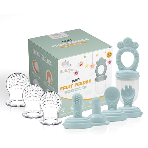 Minie Joo Baby Fruit Feeder Pacifier – 7-in-1 Silicone Teether Toy & Food Feeder with Spoon, Fork, and Interchangeable Heads – BPA-Free, Anti-Choke, Self-Feeding Set for Infants & Toddlers