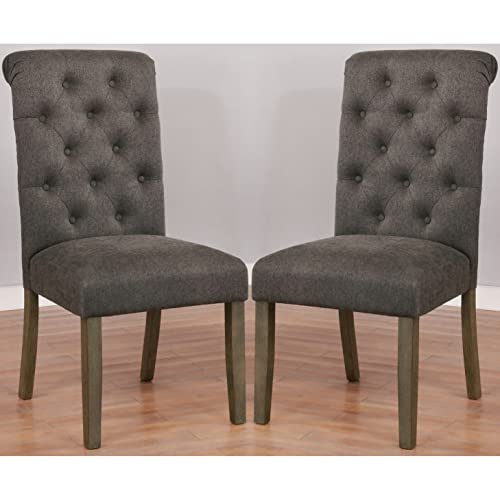 Decorative-Grey-Rolled-Back-Button-Tufted-Dining-Chairs-Set-of-2-French-Country-Modern-Contemporary-Traditional-Upholstered Decorative Grey Rolled Back Button Tufted Dining Chairs Set of 2 French Country Modern Contemporary Traditional Upholstered