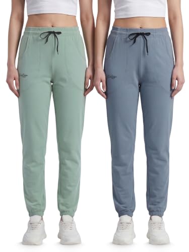 Image of Fflirtygo Cotton Solid Joggers /Track Pant /Solid Pajama /Leggings �100% Export Quality Soft Cotton Night Wear /Pocket Pyjama for Women Combo Pack of 2Pcs, Blue and Grey