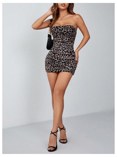 Image of Milumia Women's Leopard Print Bodycon Mini Dresses Strapless Ruched Short Tube Dress