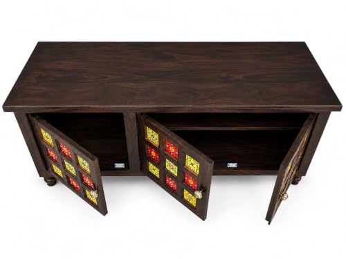 Image of Sheesham Wood TV Unit Cabinet with Handcrafted Ceramic Tile Doors | Dark Walnut Finish | 3 Door TV Console Entertainment Center | Storage Cabinet for Living Room (57 x 18 x 23 Inches)