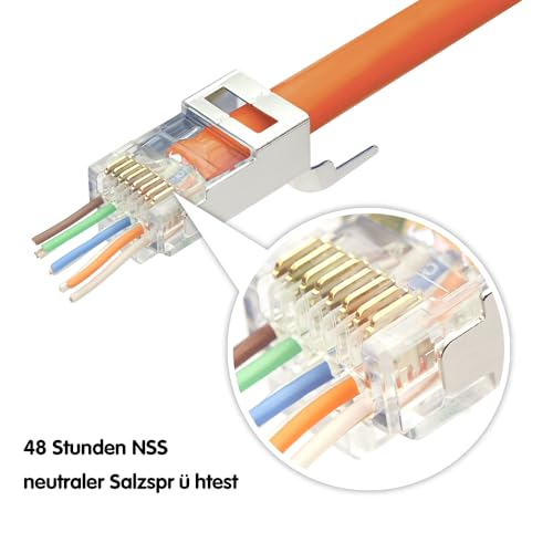 3. Bild von VCELINK 2. Gen. Netzwerkstecker Cat7 Cat6A Pass Through RJ45 Stecker für Verlegekabel Geschirmt mit Einfädelhilfe und Knickschutz 10 Stück, Switch/TV / PS4 / ADSL/Modem/TV Box/Router/PC