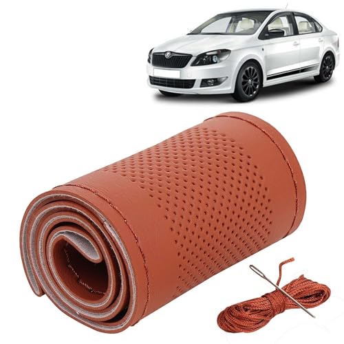 Image of KINGSWAY PU Leatherite Car Steering Cover Sewable Compatible with Skoda Rapid (Year 2017-2021), Tan Color with Tan Thread, Pack of 1 with Sewing Needle and Thread