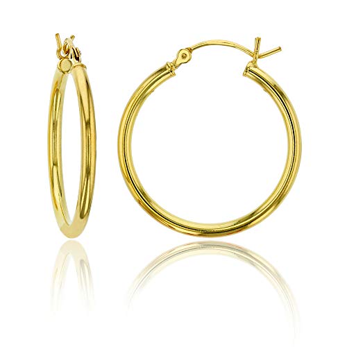 14K Yellow Gold Plated Sterling Silver Polished Hoop Earrings for Women | 2x20mm Hoop Earrings | Secure Clip Top Closure | 925 Sterling Silver Classic Hoop Earrings