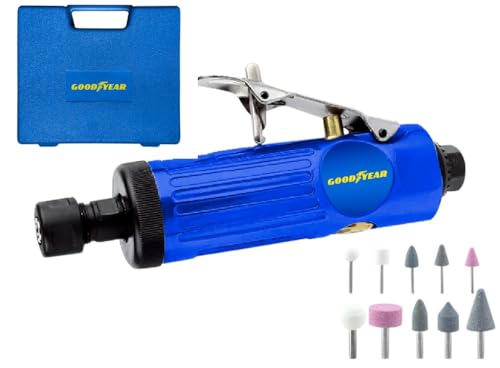 Goodyear - Amoladora Recta Neumática, Complemento para Compresor, Profesional 22000 rpm 1/4” y 1/8”, Aleación de Aluminio, Kit con 10 Piedras de Afilar, 2 Portabrocas y Accesorios Incluidos
