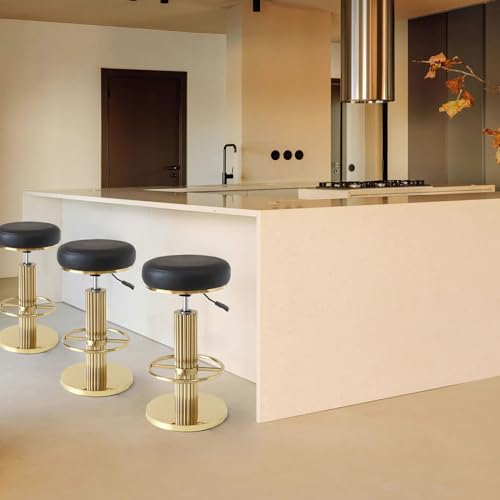 Image of Gold Bar Stools Set of 3 Adjustable Swivel Backless Counter Stool | 360 Swivel, 25.6 inch-29.5 inch Adjustable, Leather Thick Cushion, Stainless Steel Frame, 350 lbs Capacity, Gold