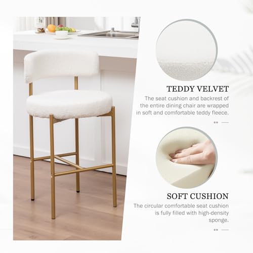 Image of Cinxzar Boucle Bar Stools Set of 3, White Counter Height Bar Stools with Backs, Gold Modern Barstools for Kitchen Island, Pub, Club