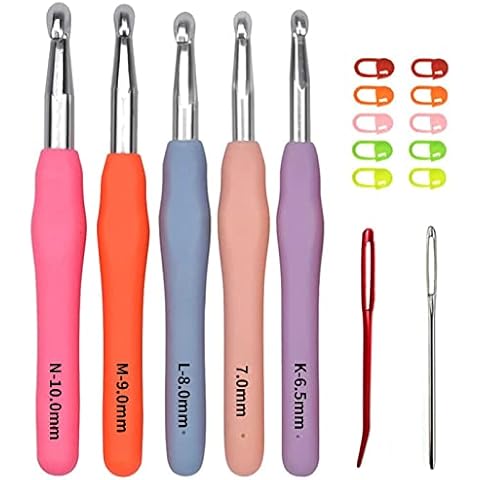 Crochet Hooks Set, Size 6.5mm 7.0mm 8.0mm 9.0mm 10.0mm Soft Handles Large Crochet Hooks with Needles and Stitch Markers (17) Cover