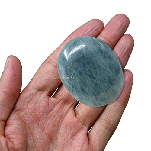 Image of Crystal Heaven Certified Aquamarine Crystal Palm Pebbles Stones For Anxiety Stress Relief Massage - Aaa Grade Original Healing Gemstone Agate Palm Stone For Yoga Meditation Spiritual Reiki Feng Shui