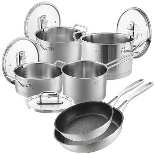 SILBERTHAL Set cazuelas y sartenes - Acero inoxidable - Sartenes con antiadherente 24,28cm - Cacuelas 16,20,24cm