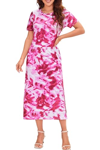 Image of Naggoo Summer Dresses for Women Short Sleeve Side Slit Long T Shirt Dress Beach Sundress Travel Vacation Outfits with Pockets