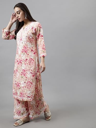 Image of Seva Chikan Hand Embroidered Lucknowi Chikankari Mal Mal Straight Printed Kurta & Palazzo Set for Women SCL8041
