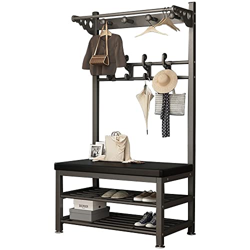 Bagewinner Perchero con Zapatero, Multifunción Perchero de Pie,Perchero de Entrada Metálico con 3 Capas Banco y 10 Ganchos para Pasillo Recibidores 100X33X172CM (Blanco/Negro) Fácil de Montar Cover