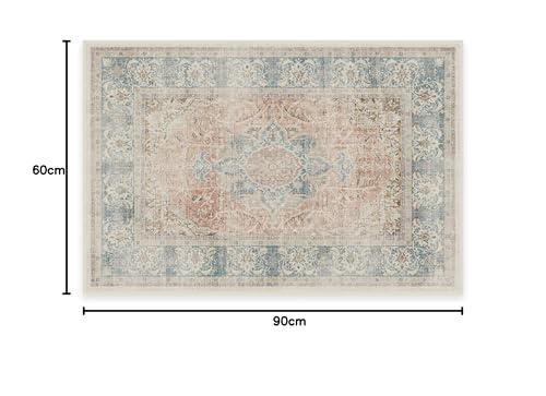RUGGABLE Sarrah - Machine Washable Rug - Elegant Room Decor and Vintage Area Rug Perfect for Living Room Bedroom Kitchen - Stain Resistant - Pet & Child Friendly - Coral 60cm x 90cm (Standard Pad)