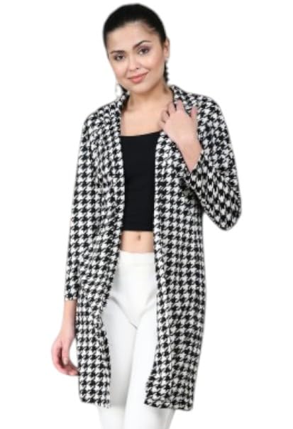 Stylish Black & White Houndstooth Printed Long Shrug for Women
