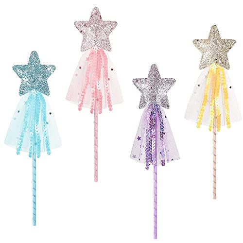 VOSSOT 4 piezas de varita de princesa con estrella brillante de cinco puntas, escala completa, estilo de cuento de hadas, adecuado para fiestas de Navidad y cosplay (4 unidades) Cover
