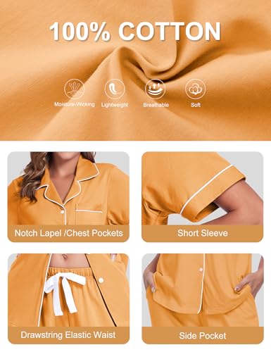 Image of COLORFULLEAF Women's 100% Cotton Pajamas Set Button Down Sleepwear Short Sleeve Shirt and Long Pants Soft Ladies Lounge Sets