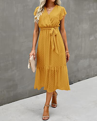 Image of BTFBM Women Summer Casual Wrap V Neck Ruffle Cap Sleeve Belted Midi Dress