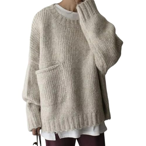 LOZ Sweaters for Women Oversized Causal Knit Pullover Fall Winter Clothes Long Sleeve Crewneck Ivory Pocket Front Sweater