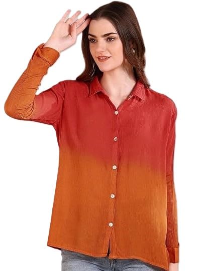 Image of Maaesa Women Handmade Ombre Tie & Dye Rayon Shirt | Relaxed Fit | Lightweight & Breathable | Long Sleeve Button-Down | Classic Collar | Casual & Office Wear