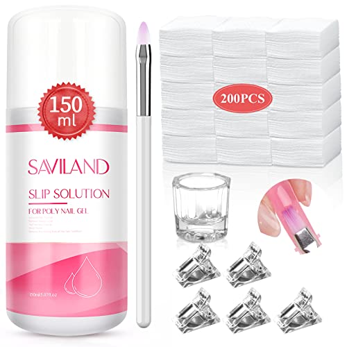 Saviland Poly Gel Slip Solution Kit-150ML Slip Solution zur Erweiterung Poly Gel Anti-Stick Liquid Solution mit Gel Nagelbürste Nagelclips Nagelwerkzeuge Komplette Maniküre Starter Nail Art Kit